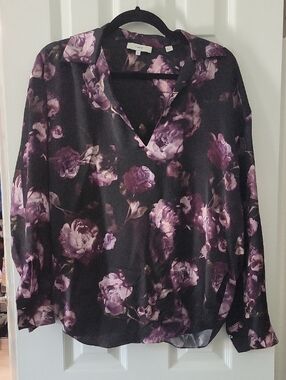 Vince Floral Popover Silk Blouse Night Garden